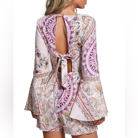 Guess Kali Paisley Cutout Long Sleeve Linen Romper L - Picture 2 of 8